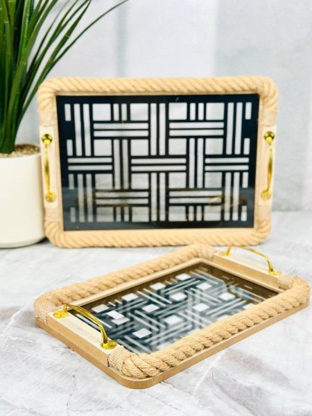 طقم صواني تقديم مستطيلة خشب اطار قش قاعد اسود مخطط