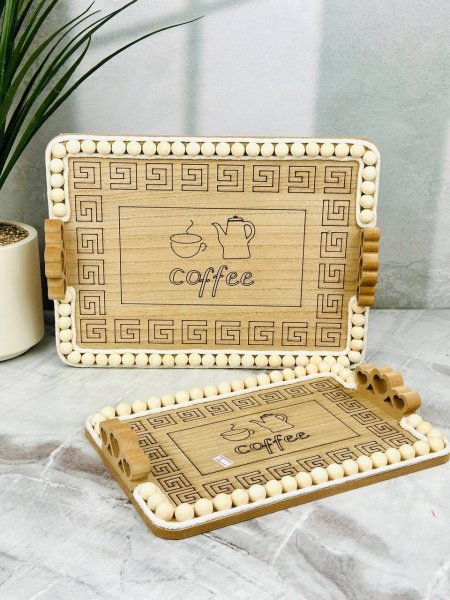 طقم صواني تقديم مستطيلة خشب اطار مسبحة مع يدين قلب قاعدة COFFEE