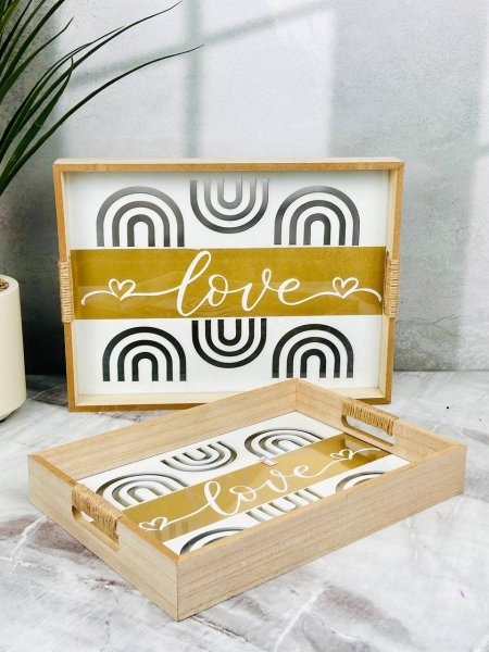 طقم صواني تقديم مستطيلة خشب مع يدين