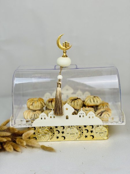 مضيفة معمول ذهبي بيج مستطيل رمضان قاعدة معدن غطاء اكروليك مع هلال