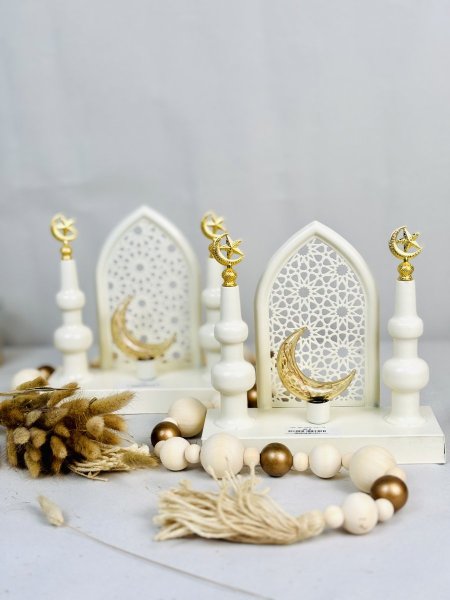 هلال رمضان ماذنتين محفر ابيض مع اضاءة