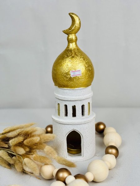 فانوس شكل مسجد بيج قبة ذهبي مع شمعة