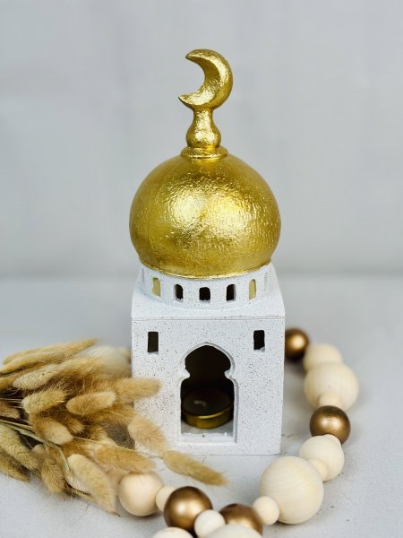 فانوس شكل مسجد بيج قبة ذهبي مع شمعة مربع