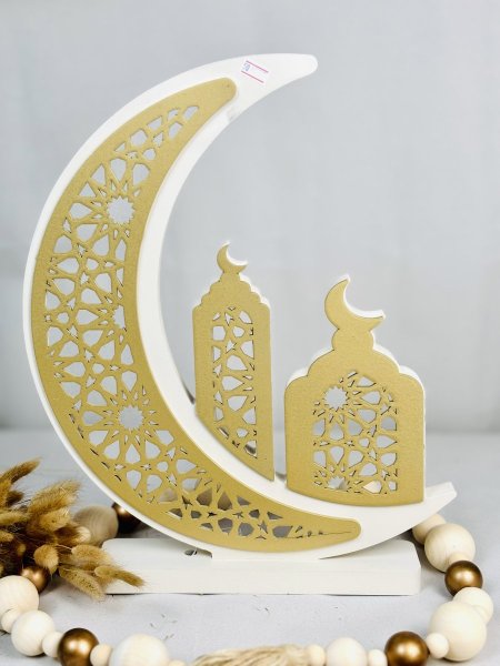 هلال رمضان خشب محفر cnc بيج وذهبي
