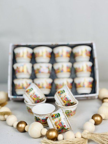 طقم فناجين سادة مرسم مغربي ملون وذهبي 12 قطعة رمضان