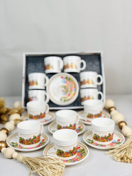 طقم فناجين مرسم مغربي ملون وذهبي 6 فناجين مع 6 صحون