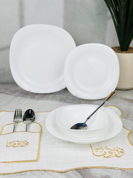 طقم صحون اوبال الشوعاني ابيض سادة 24 قطعة مربع