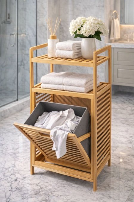 رف خشب بامبو 2 طبقة مع سلة مبطن قماش متعدد الاستخدامات حمام - غرفة معيشة - غرفة نوم