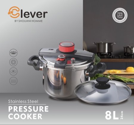 طنجرة ضغط كليفر ستانلس ستيل 18/10 ضغط مزدوج  Clever Stainless Steel Pressure Cooker – 18/10 – Double Pressure