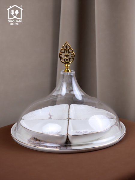 مضيفة مكسرات 6 صحون مع جاط وغطاء اكروليك بورسلان اوف وايت مع ذهبي مرسم شكل مسجد كتابة ( بالمحبة )