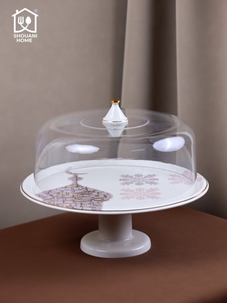 جاط كيك بورسلان اوف وايت مع قاعدة وغطاء اكروليك حز ذهبي مرسم شكل مسجد كتابة ( بالمحبة )