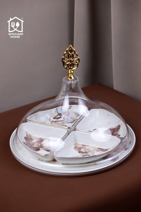 مضيفة مكسرات 6 صحون مع جاط وغطاء اكروليك بورسلان اوف وايت مع ذهبي مورد شكل مسجد كتابة ( بالمحبة )