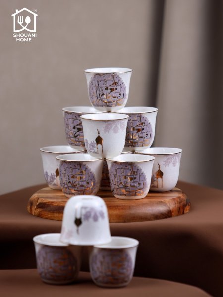 طقم فناجين قهوة سادة 12 قطعة اوف وايت محزز ذهبي مرسم شكل مسجد كتابة ( بالمحبة )