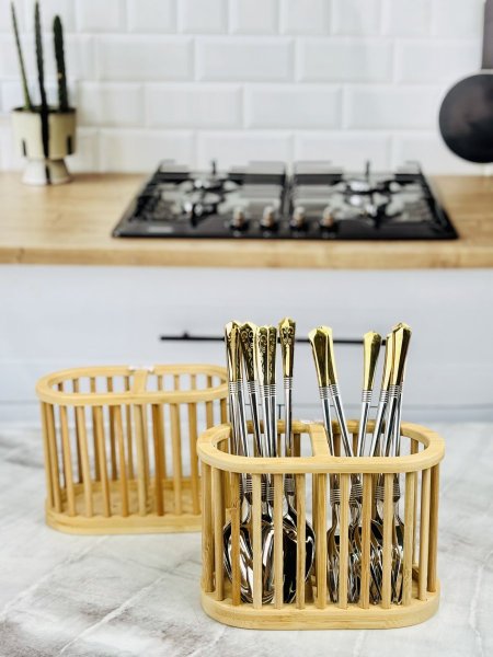 منظم معالق وشوك خشب بامبو قسمين