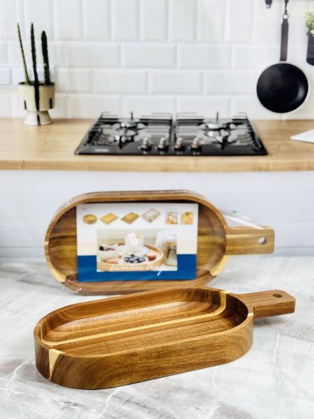 جاط تقديم / فواكه بيضاوي خشب موشح غامق مع يد