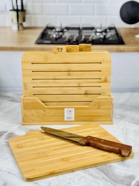 طقم ألواح تقطيع خشب بامبو مع ستاند 4 قطّع