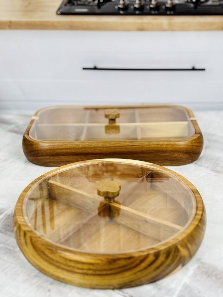 مضيفة خشب موشح غامق دائري 4 أقسام مع غطاء اكروليك