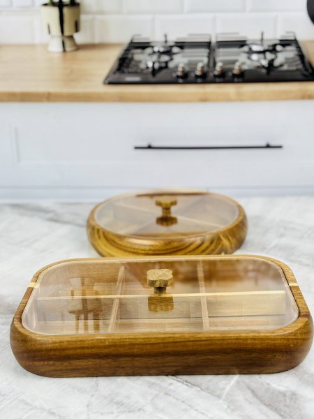 مضيفة خشب موشح غامق مستطيل 6 أقسام مع غطاء اكروليك