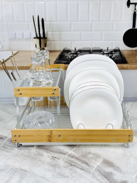 سلة / منظم / مشك صحون جلي المنيوم طبقتين اطار خشب بامبو