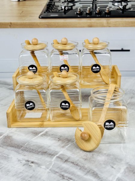 طقم سكريات / بهار زجاج شفاف مع غطاء ومعلقة خشب مع ستاند طبقتين خشب