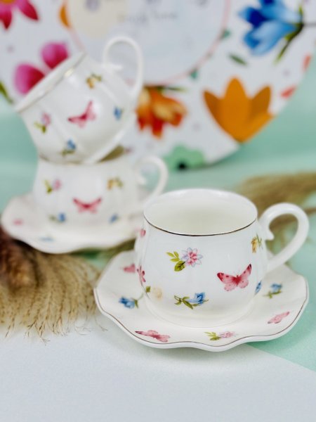 مج بورسلان مذهب مرسم ورد وفراشات صغير مع صحن