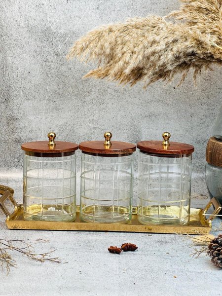 طقم سكريات زجاج شفاف غطاء خشب قاعدة معدن مديل نحاس هندي