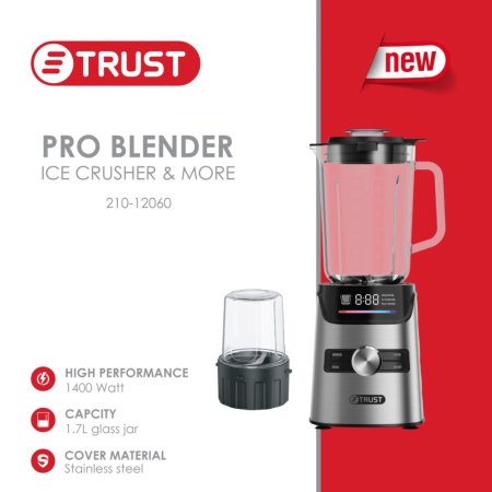 TRUST Pro Blender BL829 / خلاط كهربائي ستانلس مع عجل وشاشة ديجتال / وعاء زجاج متين بسعة 250 مل