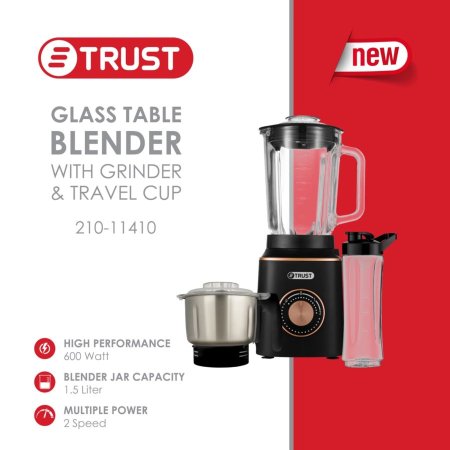 TRUST Pro Blender11410-210 / خلاط كهربائي مع مطحنة وعاء زجاجي بسعة 1.5 مقاوم للحرارة والخدوش 