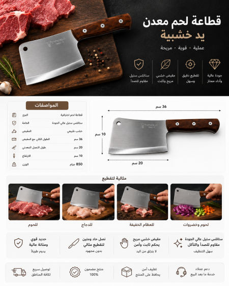 قطاعة لحم معدن ستانلس ستيل 36 سم – يد خشبيك