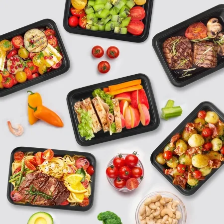 تبروير أكل بلاستيكي مع أغطية وعلب طعام TakeAway قطعة 12 مستطيل 0.9لتر