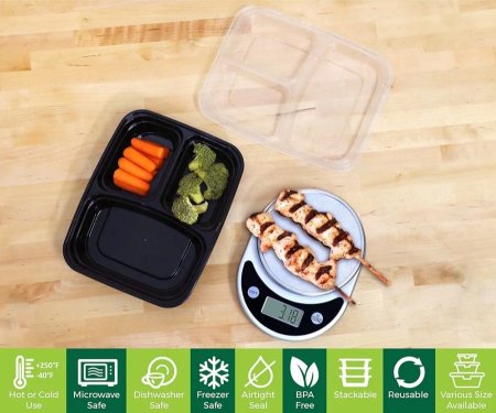 تبروير أكل بلاستيكي مع أغطية وعلب طعام TakeAway قطعة 10 شكل مستطيل مقسم ثلاث اقسام