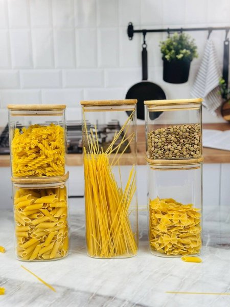 طقم مرتبانات زجاج غطاء خشب بعدة احجام