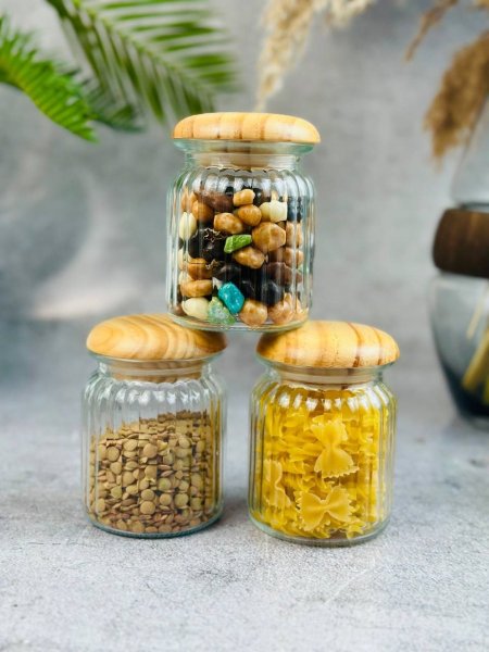 طقم 3 مرتبانات زجاج محزز غطاء خشب