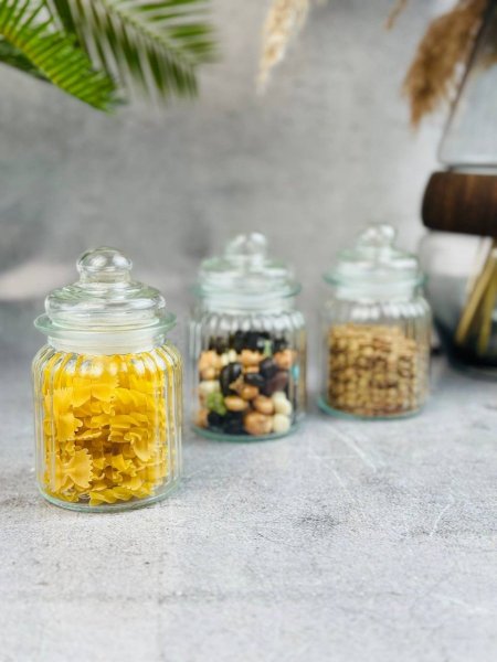 طقم 3 مرتبانات زجاج محزز غطاء ضغط