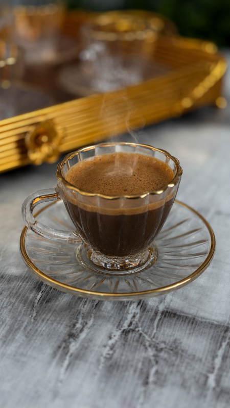 طقم 6 كاسات / فناجين قهوة مع صحون زجاج محزز مع حز ذهبي