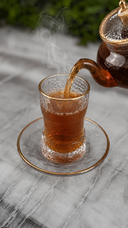 طقم 6 كاسات / استكانات شاي مع صحون زجاج مع حز ذهبي
