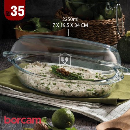 صينية بيضاوي بايركس حراري زجاج  مع غطاء borcam