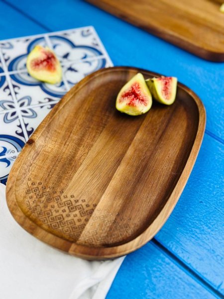 صحن ضيافة / فطور خشب طبيعي مرسم بيضاوي