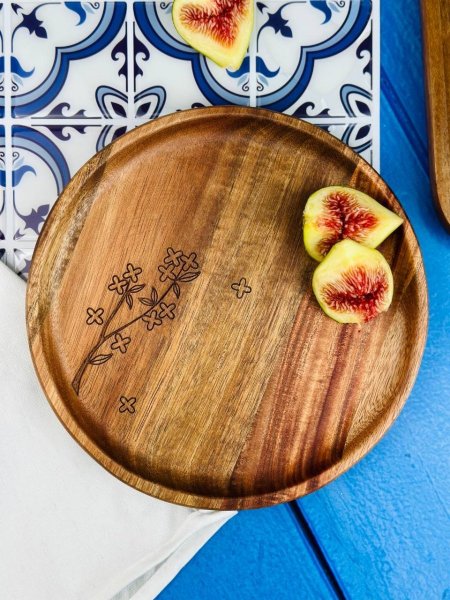 صحن ضيافة / فطور خشب طبيعي مرسم شجرة دائري