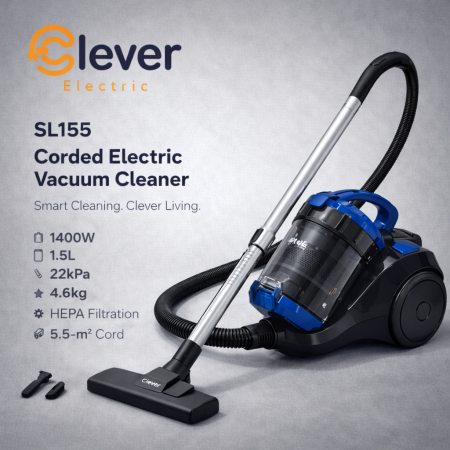 مكنسة كهرباء تيربو من كليفر SL155 بقوة 1400 واط – مكنسة كهربائية  شكل سيارة - بدون كيس. Clever Vacuum Cleaner 1400W