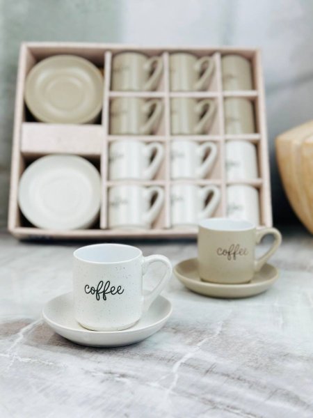 طقم فناجين 12+12 مع صحون محزز coffee مع يد