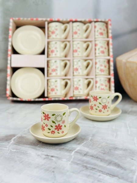 طقم فناجين 12+12 مع صحون مورد مع يد