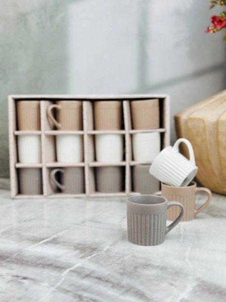 طقم فناجين سيراميك محرز سادة ملون مع يد 12 قطعة