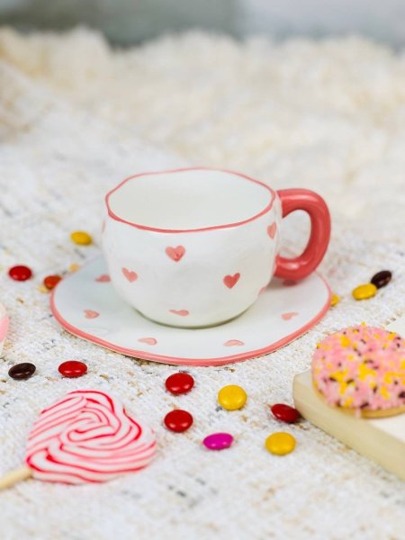 مج بورسلان ابيض مرسم قلوب مع صحن