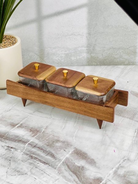 مضيفة مكسرات / حلويات زجاج مبزر 3 قطع رفيعة مع قاعدة خشب وغطاء