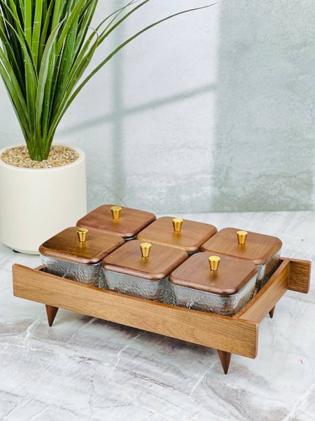 مضيفة مكسرات / حلويات زجاج مبزر 6 قطع مع قاعدة خشب وغطاء